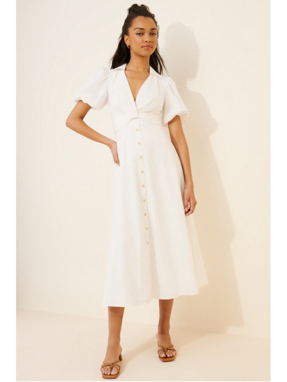 Women's Hutch White Puff Sleeve Twist Front Collared Midi Dress Size 0 - Picture 1 of 9